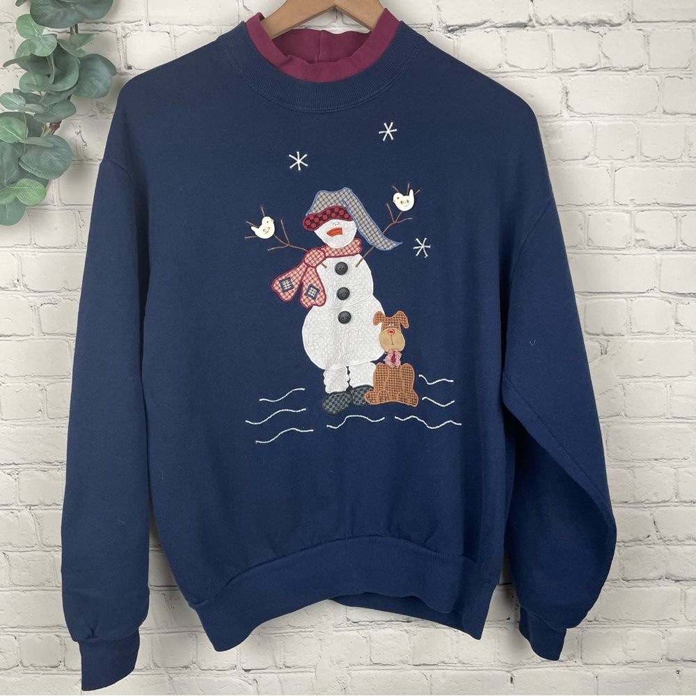 JERZEES Vintage Holiday Winter Snowman and Dog Applique Navy Sweatshirt size Med
